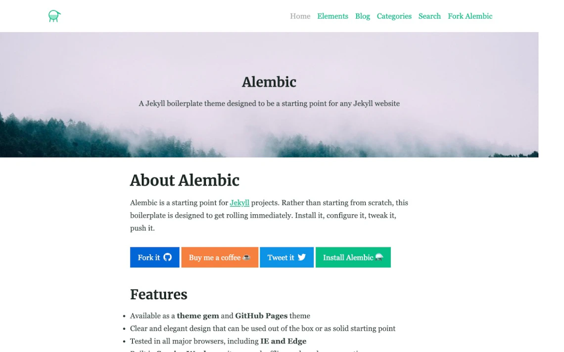 Screenshot of the Alembic Jekyll theme, a free template typical of the kind used for old-school blog setups